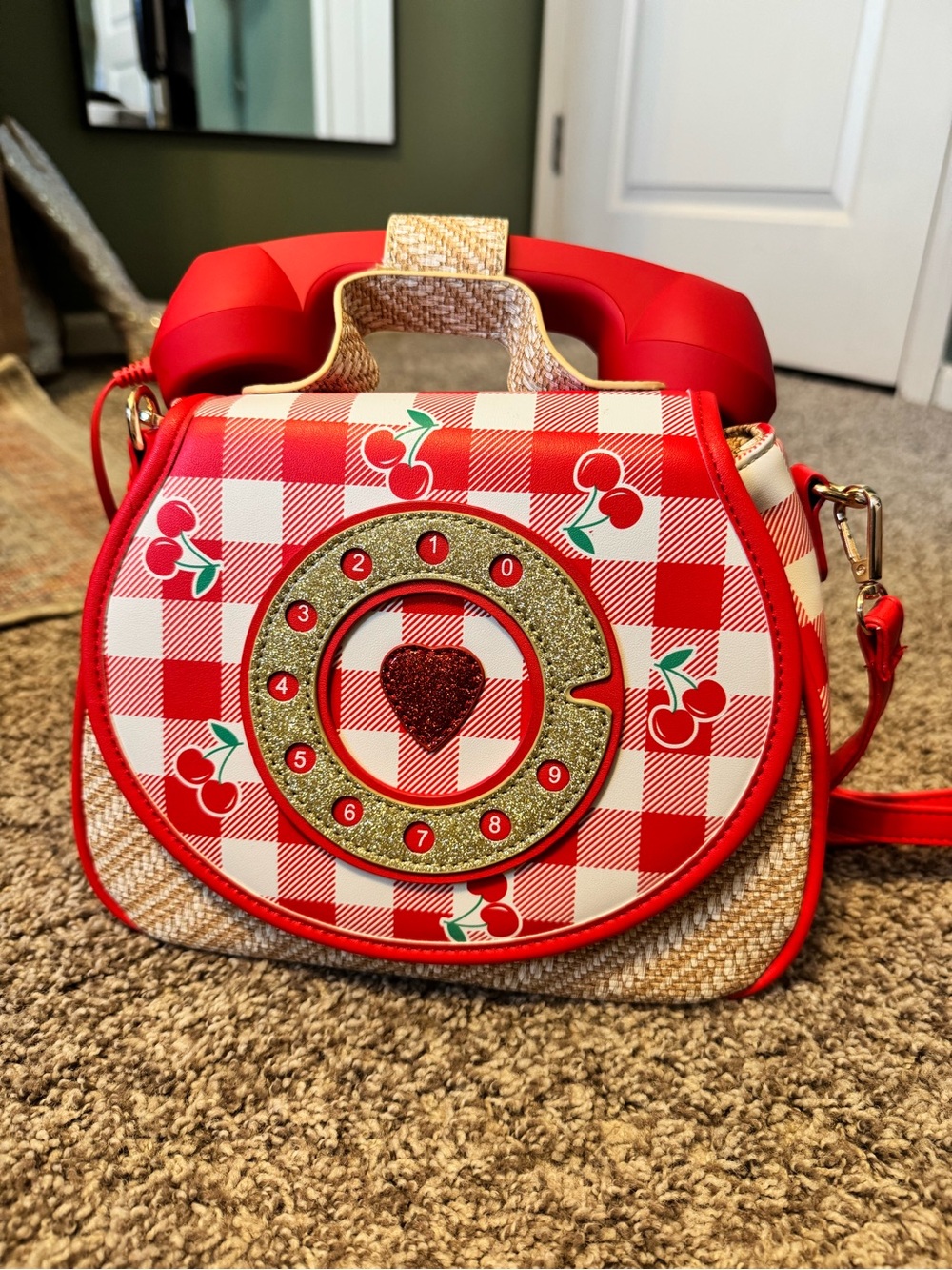 Red Gingham Cherry Phone-Accent Crossbody Bag w/working phone & adapter